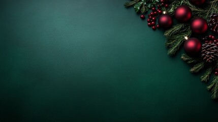 Festive decorations including red baubles, pinecones, and greenery are elegantly arranged on a deep green backdrop with ample space for text placement on the right