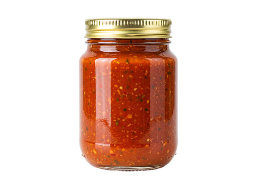 Glass jar filled rich red sauce, perfect base pasta dishes or flavorful condiment. This homemade style sauce bursts savory herbs spices. Versatile tasty sauce ready enhance your cooking creations.