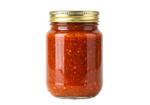 Glass jar filled rich red sauce, perfect base pasta dishes or flavorful condiment. This homemade style sauce bursts savory herbs spices. Versatile tasty sauce ready enhance your cooking creations.
