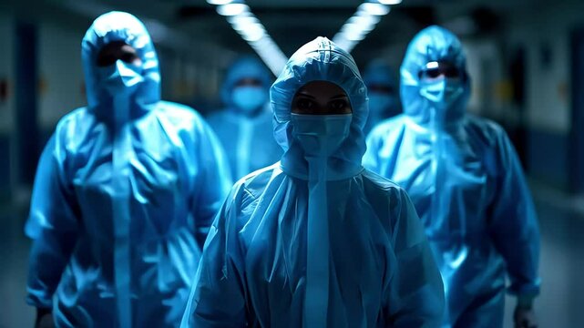 Doctors wearing full protective suits walking carefully down hospital corridor during emergency situation
