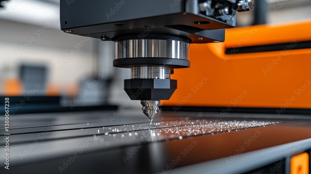 Poster precision cnc machine mills a complex rocket engine part, scattering metal shavings under bright ind