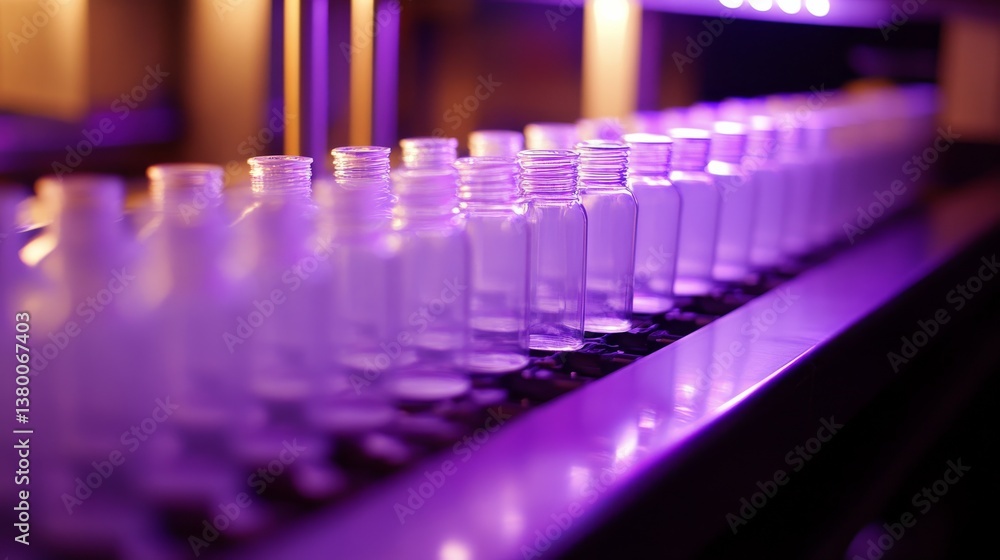 Poster Rows of transparent water bottles move seamlessly along a conveyor belt in a highly efficient beverage factory, illuminated by industrial lighting