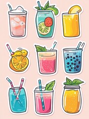 Colorful summer drink stickers featuring refreshing lemonade, smoothies, and bubble tea in cheerful pastel colors