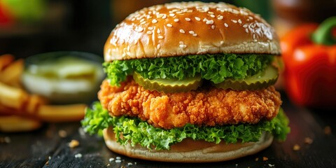 Close-up of a delicious-looking breaded and grilled chicken sandwich on a bun with vegetable toppings.