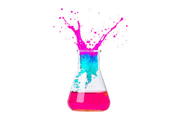 A colorful liquid in a laboratory flask exhibits splashes of blue and pink, showcasing a dynamic chemical reaction.