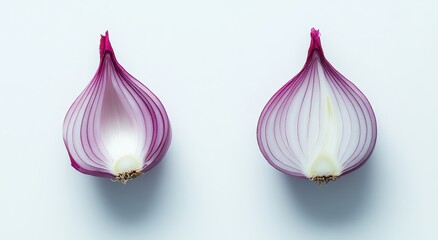 Red Onion Halves: A vibrant close-up of two red onion halves, showcasing their layered texture, fresh appearance, and captivating colors.