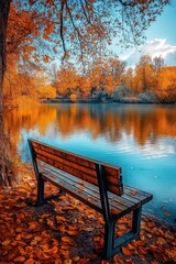 Fototapeta premium Peaceful wooded lakeside bench at sunset with fall foliage and reflections on water