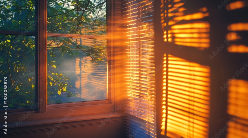 Poster golden rays filter through the blinds, illuminating a cozy space with a gentle glow. the interplay o