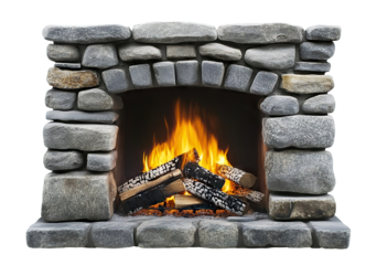 Stone fireplace with burning logs and warm fire, isolated on transparent cutout background