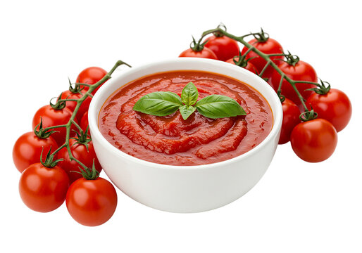 Bowl delicious tomato sauce garnished fresh basil leaf, surrounded ripe cherry tomatoes vine, isolated white. Rich red sauce essential ingredient Italian cooking, pasta pizza.