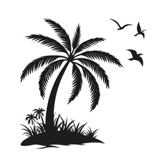 Fototapeta premium Tropical Palm Tree Silhouette with Flying Birds