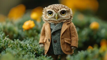 Fototapeta premium Dapper owl figure. Tiny, cute animal in clothing stands in green foliage with flowers