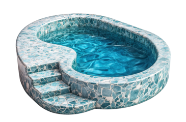 Compact tiled outdoor pool with steps and water ripples, isolated on transparent cutout background