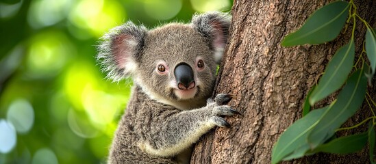 A cute koala bear clings tightly to a tree trunk