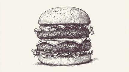Black and white hand drawn sketch of stacked hamburger with lettuce cheese and patties in vintage food style