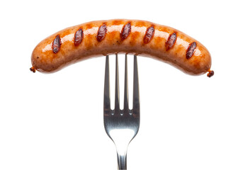 Grilled sausage presented on fork, isolated white background. Closeup highlights delicious grilled texture, appetizing grill marks. Perfect visual for barbecue concepts, fast food ads, tasty meal pres