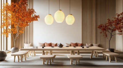 Bright dining room with large wooden table, fall foliage, and pendant lights