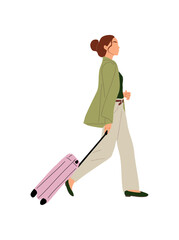 Young business woman walking with suitcase side view. Pretty girl in smart casual clothes. Business travel concept flat vector illustration isolated