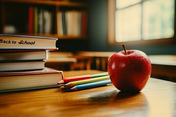 Stacked books and fresh red apple on a wooden desk