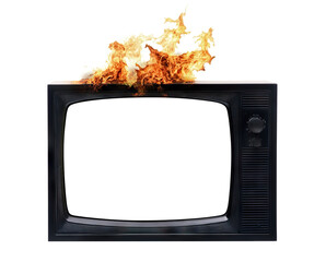 Old retro TV screen on fire, isolated on transparent cutout background
