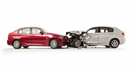Two cars are positioned in an isolated space after a collision. One vehicle is red and the other silver, with severe damage evident on the silver car's front