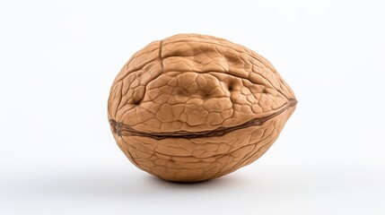 Obraz premium A single brown walnut sits on a plain white background, highlighting its textured shell and distinctive grooves. The nut appears smooth yet rugged, emphasizing its natural form