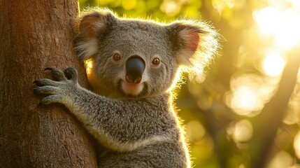 Fototapeta premium A koala bear clinging to a tree during golden sunlight