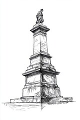 Obraz premium Retro sketch style hand drawn black and white illustration of stone monument with classical statue on pedestal