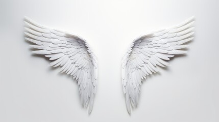 Obraz premium Beautifully crafted white angel wings are displayed against a plain white background, evoking feelings of serenity and ethereal beauty. The intricate details enhance their elegant appearance