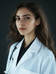 Woman in a white medical coat with stethoscope, representing healthcare service.