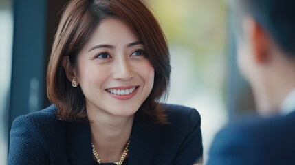 Fototapeta premium Young, professional female executive with smile on her face during conversation.