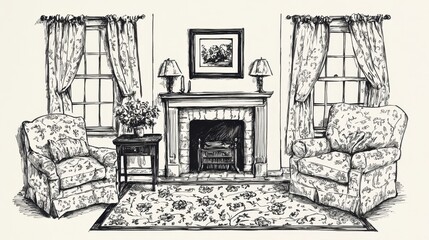 Fototapeta premium Hand drawn sketch of vintage cozy living room with armchairs, fireplace, floral curtains and patterned carpet