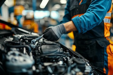 A mechanic working on a vehicle engine in a service garage