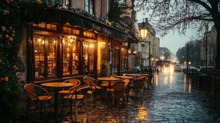 Cozy vintage street cafe with empty tables glowing lights rainy evening romantic atmosphere in old city background