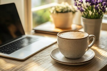 Morning workspace with a cup of coffee and laptop on a clean wooden desk under soft light