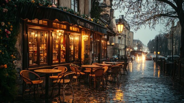 Cozy vintage street cafe with empty tables glowing lights rainy evening romantic atmosphere in old city background