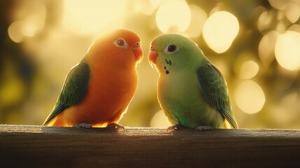 Fototapeta premium Sunset Lovebirds Perched on Railing