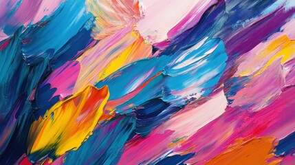 Fototapeta premium Colorful abstract painting with vivid brush strokes in pink, blue, yellow, and purple on artistic canvas