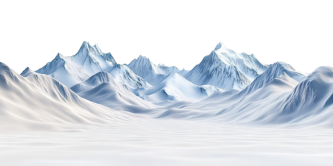 Majestic snow-covered mountain peaks in winter landscape, isolated on transparent cutout background