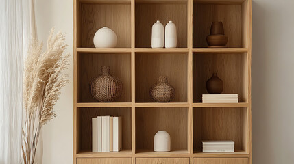 A wooden bookshelf with a variety of vases and books