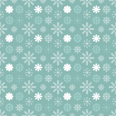 A seamless winter-themed pattern featuring white snowflakes of various shapes and sizes on a muted green background, creating a festive and cozy design.  
