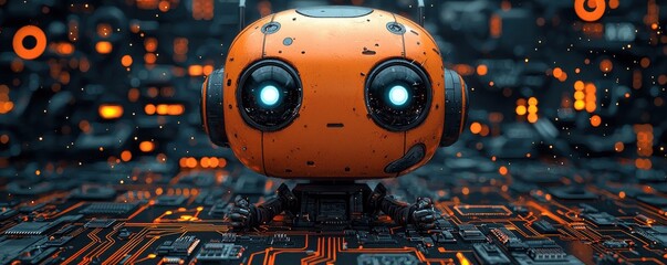 Cute robot standing on futuristic circuit board with glowing lights