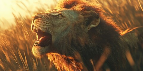 Naklejka premium A majestic lion roars into the clearing, displaying its powerful vocal chords.