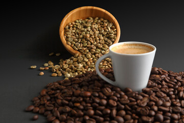 Espresso Surrounded by Roasted Beans and Green Coffee Beans in a Wooden Bowl