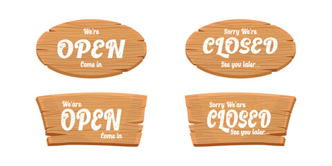 Set of open and closed hanging signboards on the door. We're open and we're closed, wooden sign for cafe, restaurant, bar or retail store isolated on white background.