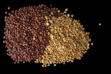 The Transformation of Coffee: Green Beans vs Roasted Beans in Close-Up on a black surface