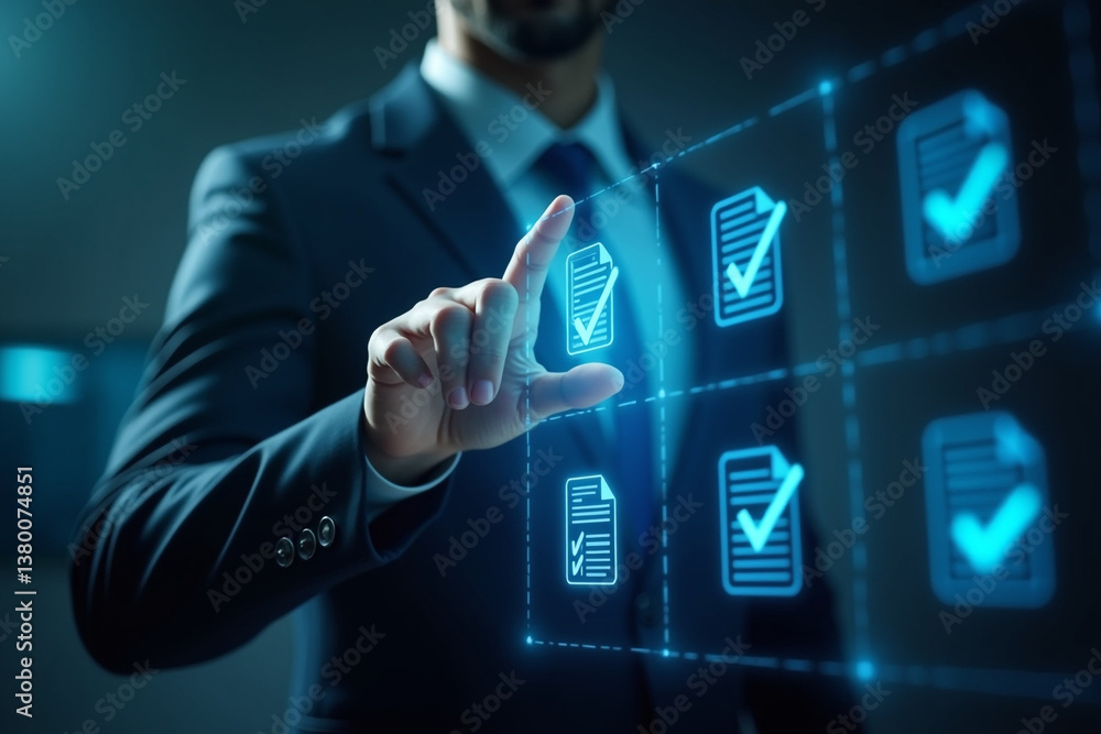 Poster checklist business performance monitoring concept, business using tablet online survey filling out c