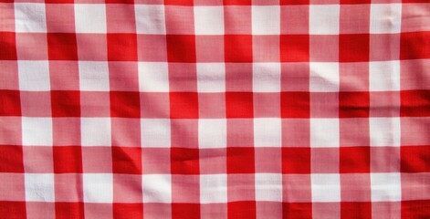 Vibrant Red and White Gingham: A close-up view of a red and white gingham fabric with its repeating checkered pattern. Evoking a sense of nostalgia and simplicity.