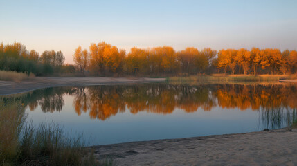 Obraz premium water, lake, autumn, nature, landscape, river, tree, sky, reflection, fall, trees, pond, forest, blue, spring, park, yellow, beautiful, clouds, green, outdoor, color, summer, morning, grass