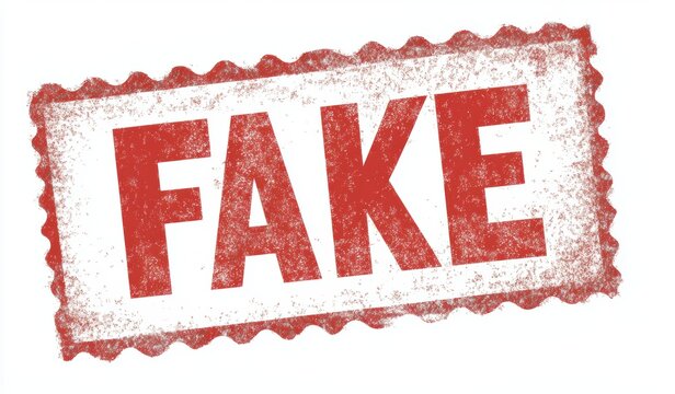 Fake Stamp: A red, rectangular stamp boldly displaying the word "FAKE" in a vintage, distressed style, evoking a sense of deception and falsehood.